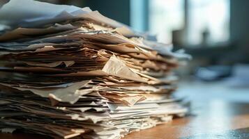 AI generated Close-up of a stack of old papers on the blurred background of a large office window. A large stack of documents are waiting to be completed on the table. Blurred office background. photo