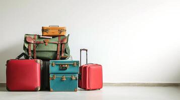 AI generated Group of old suitcases on the floor in a room with white wall. photo