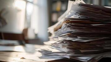 AI generated Pile of documents on the desk. Selective focus and shallow depth of field. photo