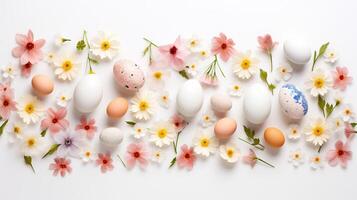 AI generated Colorful Easter eggs with flowers on white background, flat lay. Happy Easter concept. photo