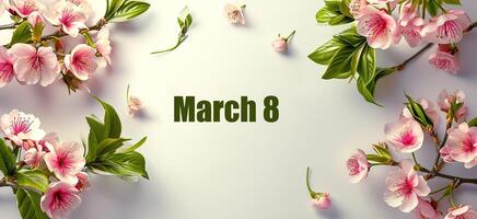 ai generado rosado cierne sakura en un ligero antecedentes de cerca. marzo 8. lujoso primavera floral bandera en un blanco antecedentes para marzo 8vo. foto