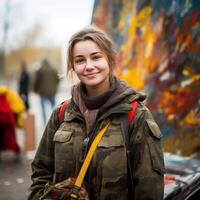 ai generado linda caucásico niña en camuflaje antecedentes en borroso ciudad antecedentes. voluntario niña en camuflaje calentar chaqueta. militar concepto. foto