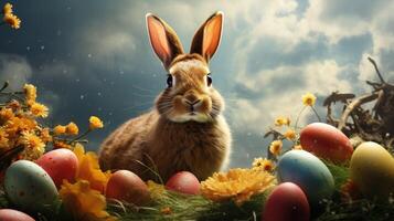 AI generated Easter bunny and colorful eggs on green grass with flowers background. Easter banner photo realism style.