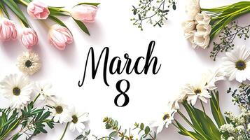 AI generated Spring floral banner on a white background for March 8th. photorealistic digital illustration. photo