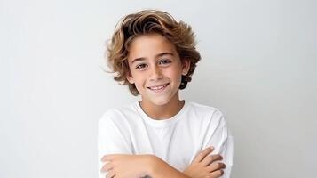 AI generated Portrait of cute little boy with curly hair looking at camera and smiling, standing against white background. photo