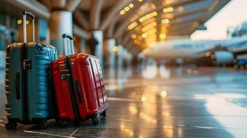 AI generated Two travel suitcases on the blurred background of the plane and the airport. photo