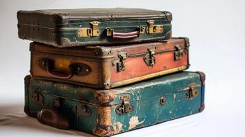 AI generated Battered vintage suitcases. Three old-fashioned suitcases stacked on a white background. Wooden vintage suitcases close-up. photo