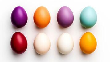 AI generated Set of colorful eggs close-up. Bright stylish Easter chicken boiled eggs. Easter traditional food. photo