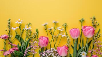 AI generated Floral arrangement of garden flowers. Spring flowers on a yellow background. Pink tulips, white chamomile and pastel gypsophila. photo