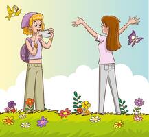 Happy family taking a selfie in a meadow with flowers and butterflies. vector