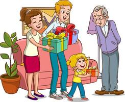 A happy family celebrating grandfather's birthday. Vector illustration in cartoon style.