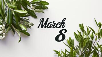 AI generated Floral spring frame of bright green decorative leaves and white flowers on a white background. Spring diagonal pattern for March 8 with space for text. photo