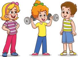 vector illustration of Kids Exercising with Dumbbells in the Gym