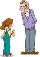 Grandfather and grandchild standing together and talking vector illustration.