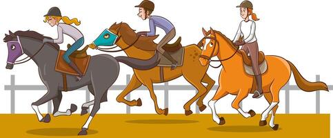 Vector Illustration of equestrian sport training horseback ride.person riding horses