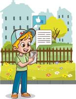 Schoolkids using her mobile phone in front of the school building illustration.kids reading message on mobile phone. vector