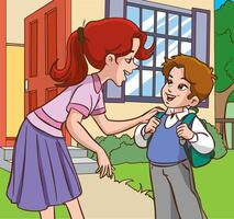 Mother helping her son to go to school. Vector cartoon illustration.