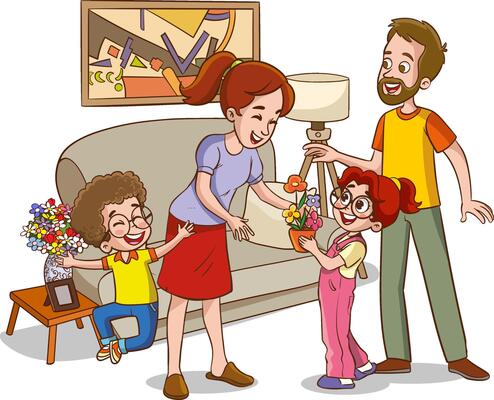 Vector illustration of children surprising their mothers and giving them a bouquet of flowers.
