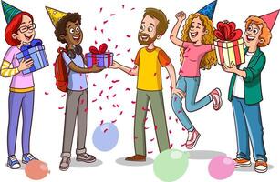 Group of happy people celebrating birthday. Vector illustration in cartoon style.