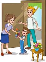 Vector illustration of children surprising their mothers and giving them a bouquet of flowers.