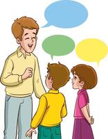 Father and his two kids talking with speech bubbles. Vector illustration.