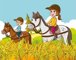 kids riding horses Vector Illustration of equestrian sport training horseback ride