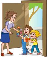 Vector illustration of children surprising their mothers and giving them a bouquet of flowers.