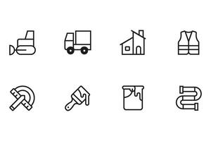 Construction equipment icon set, tractor, loader, paint, machinery, line art vector illustration