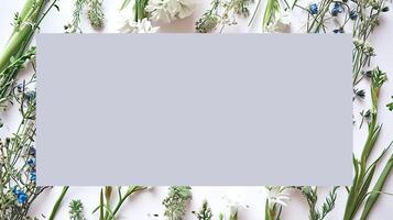 AI generated Gray blank sheet on a floral background. Frame of spring delicate light flowers. Design for holiday banner, flyer, invitation. photo