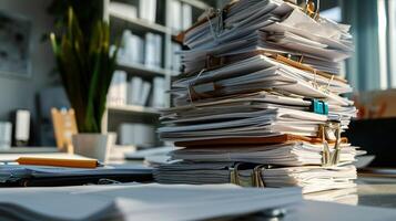 AI Generated A large stack of documents against the background of a modern office. Annual reporting. Concept The need to digitize paper information and automate document flow. photo