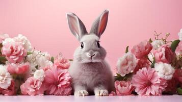 AI generated White Easter bunny in a bouquet of soft pink flowers on a pink background. Easter concept. photo