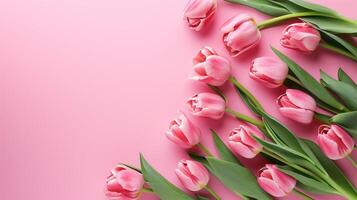 AI generated Pink tulips on pink background. Flat lay, top view, copy space. photo