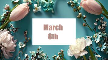 AI generated Banner with blooming white Chinese cherry on a turquoise background. Place for text. Spring banner with tulips. photo