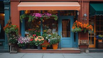 AI generated Flowers on the street in front of a flower shop in an old European town. Blurred background. Abstract flowers. photo