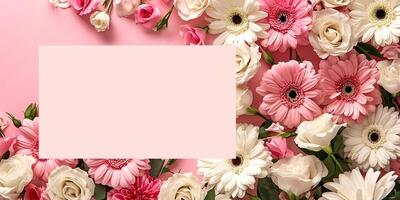 AI generated White and pink gerberas on a pink background with space for text. Template for your advertisement, congratulations. photo