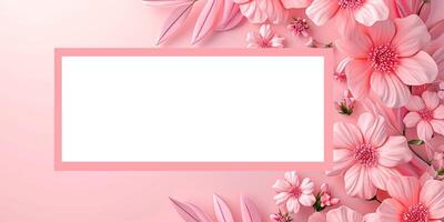 AI generated Pink floral background with copy space for text. Mockup of label, cosmetics packaging, business card, cover, spring banner. T photo