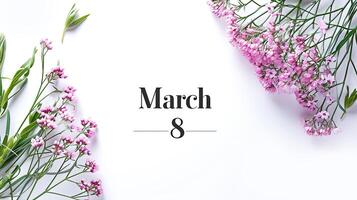 ai generado primavera bandera en blanco fondo, texto -marzo 8, foto estilo, moderno diseño. flores composición.