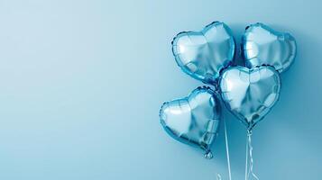 AI generated Helium inflatable hearts in blue shades on a sky blue background. Foil balloons - love concept. Decoration for Valentine's Day or wedding. photo