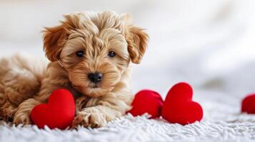 AI generated Cute puppy with red hearts on white bed. Blurred background, selective focus. Cute puppy Maltipoo plays with red hearts on a white fluffy carpet. Conqueror of hearts. photo