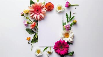 AI generated Close-up floral frame of fresh flowers on white background with blank vertical white letterhead. Juicy gerberas, delicate daisies - a beautiful background with space for text. photo