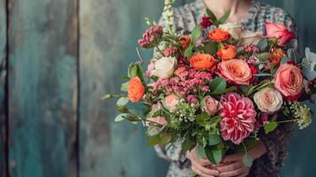 ai generado grande ramo de flores en manos de un blanco mujer en un borroso gris azulado antecedentes. mamá con un ramo de flores de flores volantes plantilla, negocio tarjetas para negocio. foto