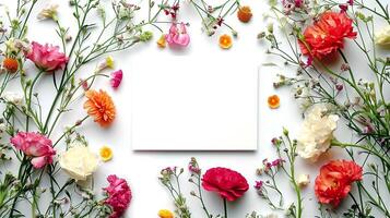 ai generado floral arreglo con blanco vacío cuadrado papel en el centrar en un blanco antecedentes. hermosa claveles y salvaje flores en blanco. foto