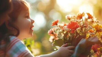 ai generado emociones de un contento niño con un ramo de flores en su manos en un borroso antecedentes con el efecto de Bokeh. verano estación, calentar soleado día. linda pequeño niña con ramo de flores de flores foto