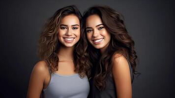 AI Generated Twin sisters with smiles and curly hair against the dark background. photo