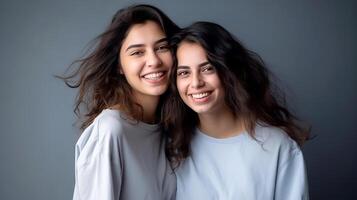 ai generado par de muchachas sonriente y sonriente en gris fondo, en el estilo de ligero blanco y ligero índigo, relacionable personalidad, caravaggesco foto