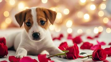 AI generated Cute dog with red rose petals on bokeh background photo