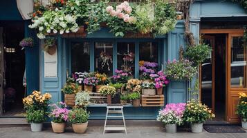 AI Generated Colorful flowers in front of a flower shop in an old European town on a spring day. photo