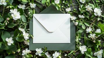 AI generated Envelope with white paper and spring flowers on the green grass. photo