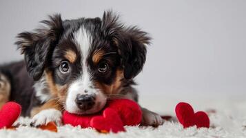 AI generated Tricolor puppy with a mix of black, brown, and white fur. The puppy has expressive eyes and is looking directly at the camera. ay concept. photo