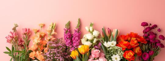 AI Generated Spring flowers background with copy space. Tulips, buttercups, and roses on a light pink background. Floral background for festive decoration. photo
